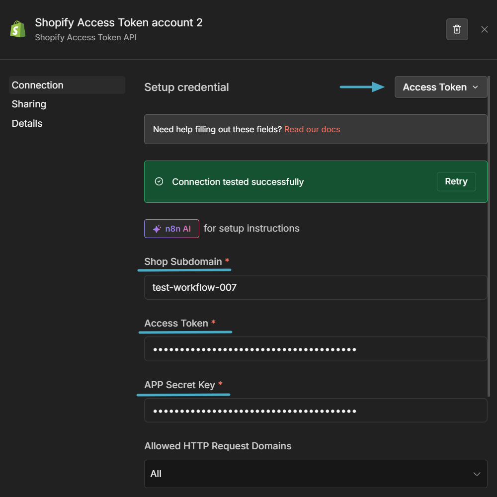 n8n Shopify Trigger node with API credential and On order paid event selected