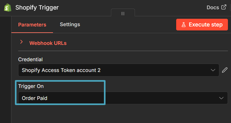 n8n Shopify Trigger node configured with On order paid event
