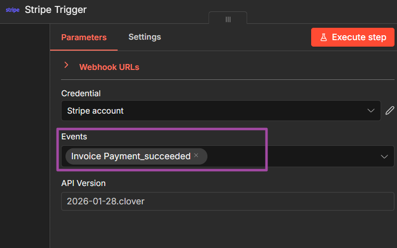 n8n Stripe Trigger node configured with On invoice payment succeeded event