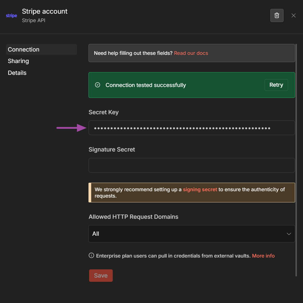 n8n Stripe Trigger node with API credential and invoice payment succeeded event selected