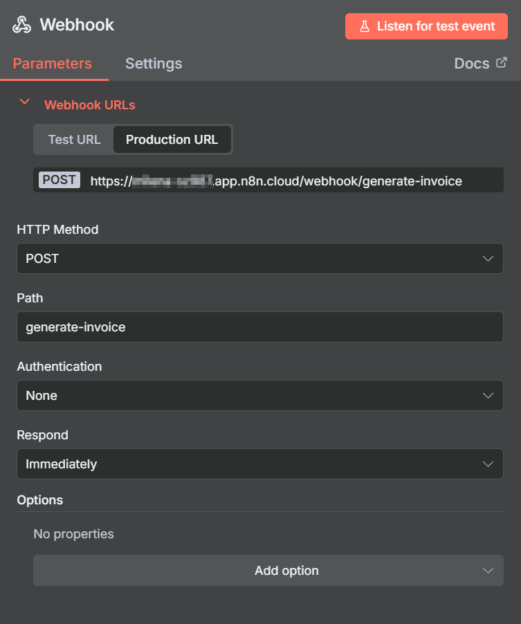 n8n webhook node configuration for PDFBolt invoice generation