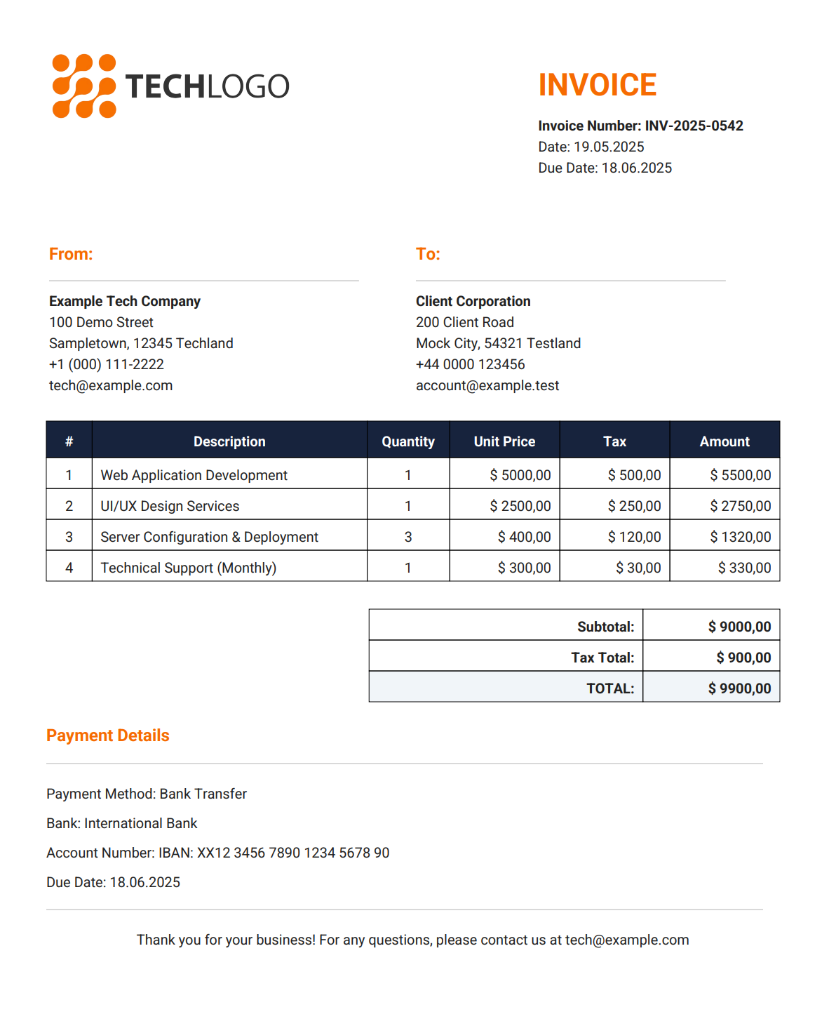 Example of generated PDF invoice using OpenPDF in Java