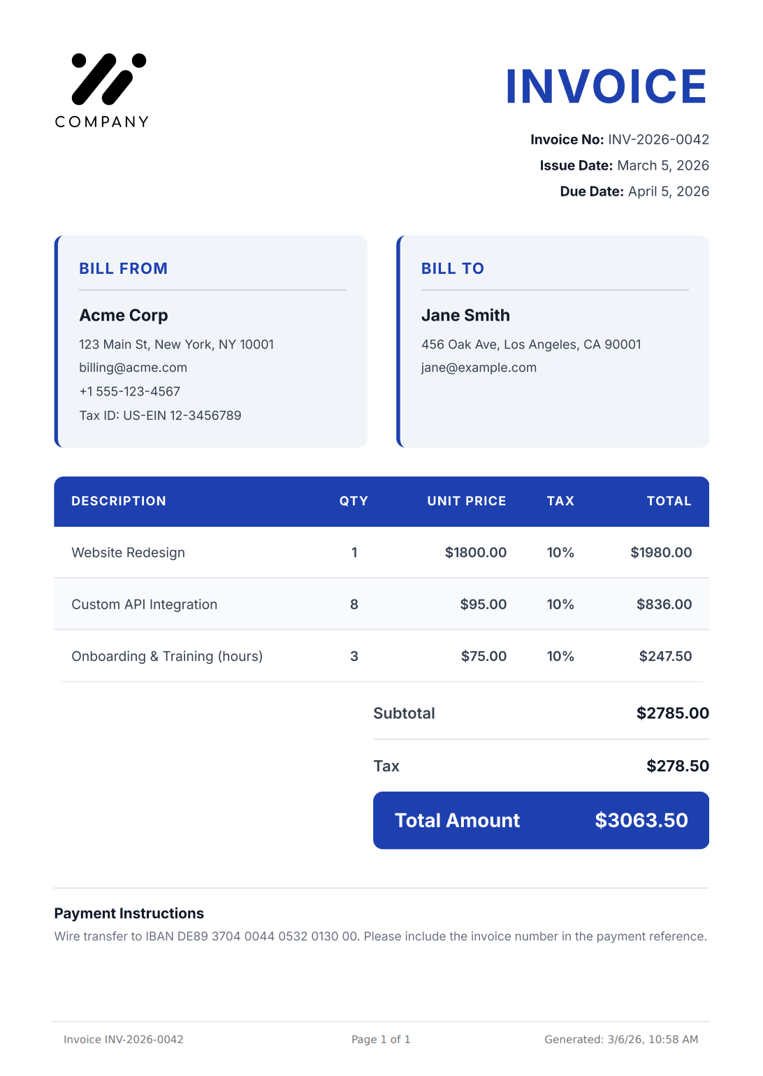 Invoice PDF generated from an HTML Handlebars template