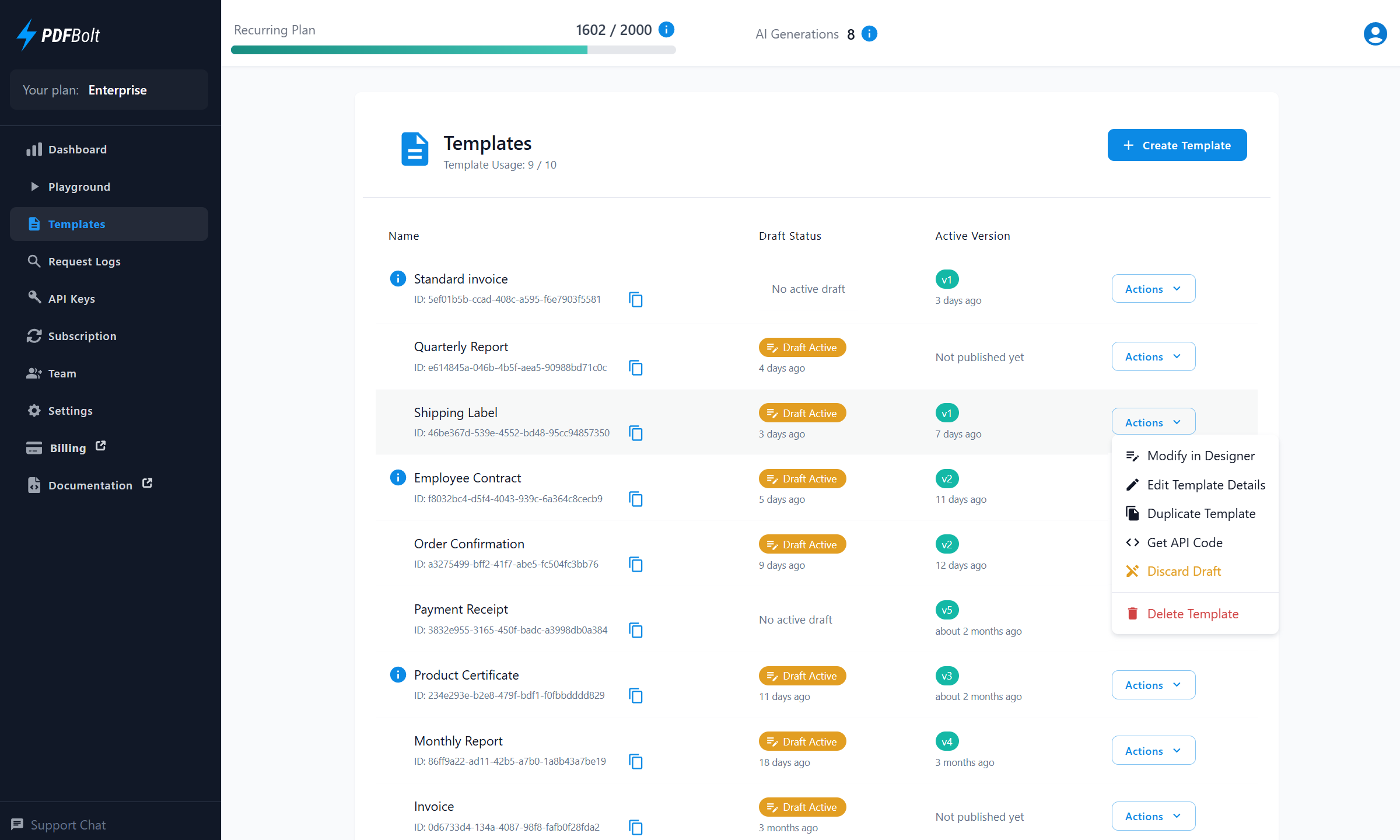 PDF template management dashboard with draft status, versioning, and API integration options