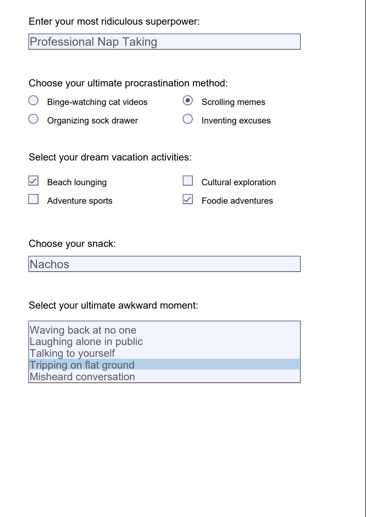 Interactive PDF form with text inputs, radio buttons, checkboxes, and dropdown menus