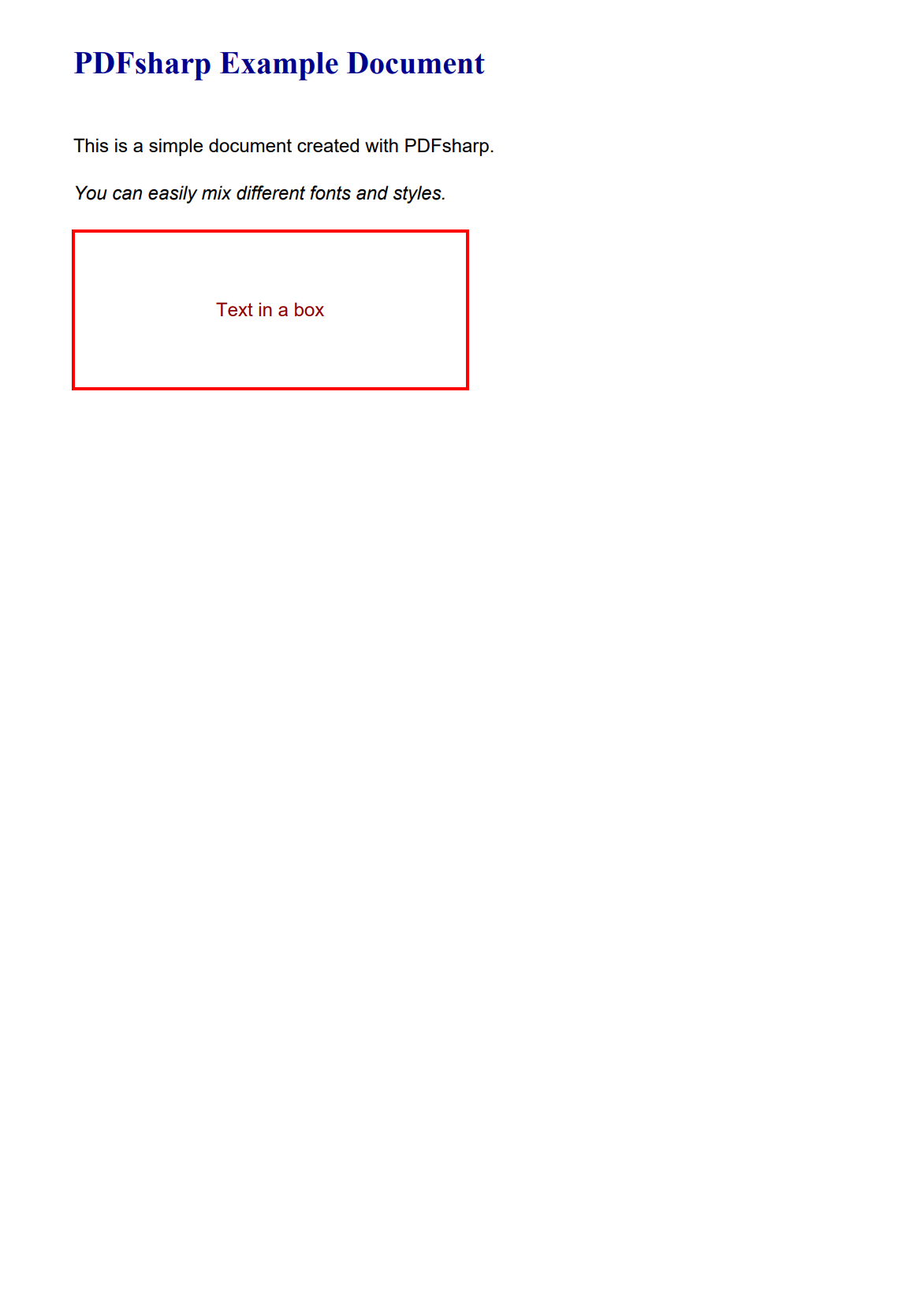 PDF document generated using PDFsharp in C#/.NET with multiple text elements and a rectangle