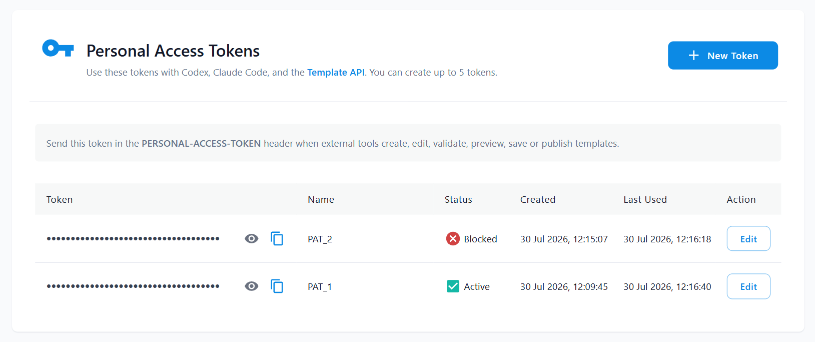 Personal Access Tokens section on the API Credentials page