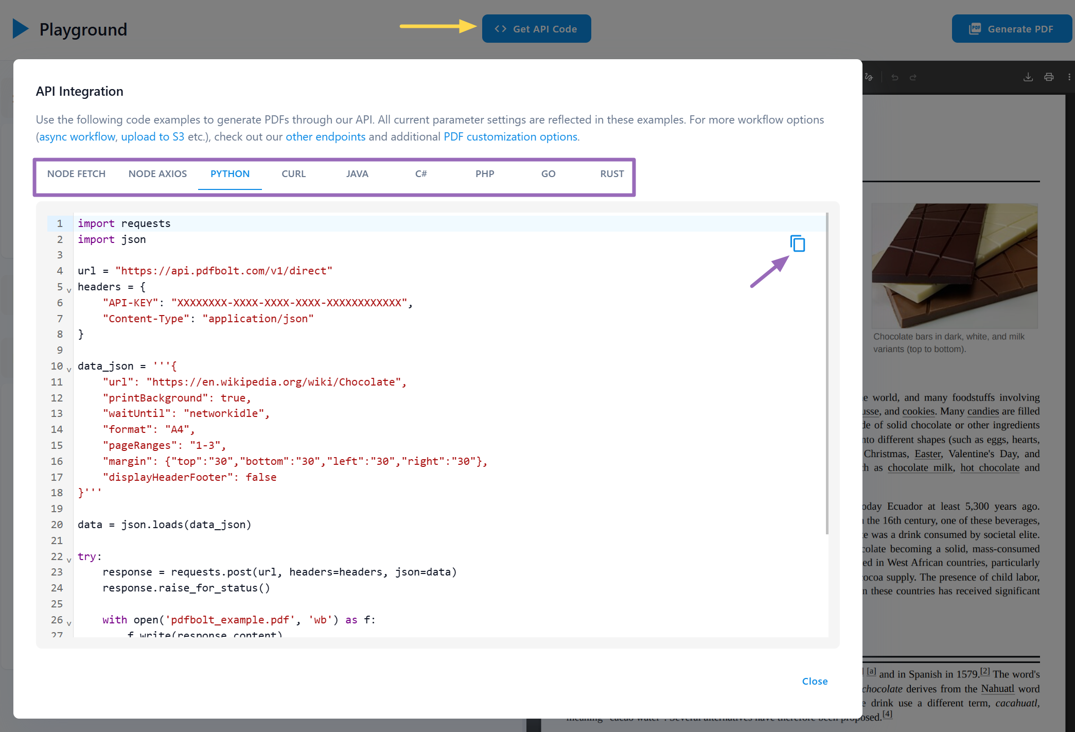 API Integration modal with code examples