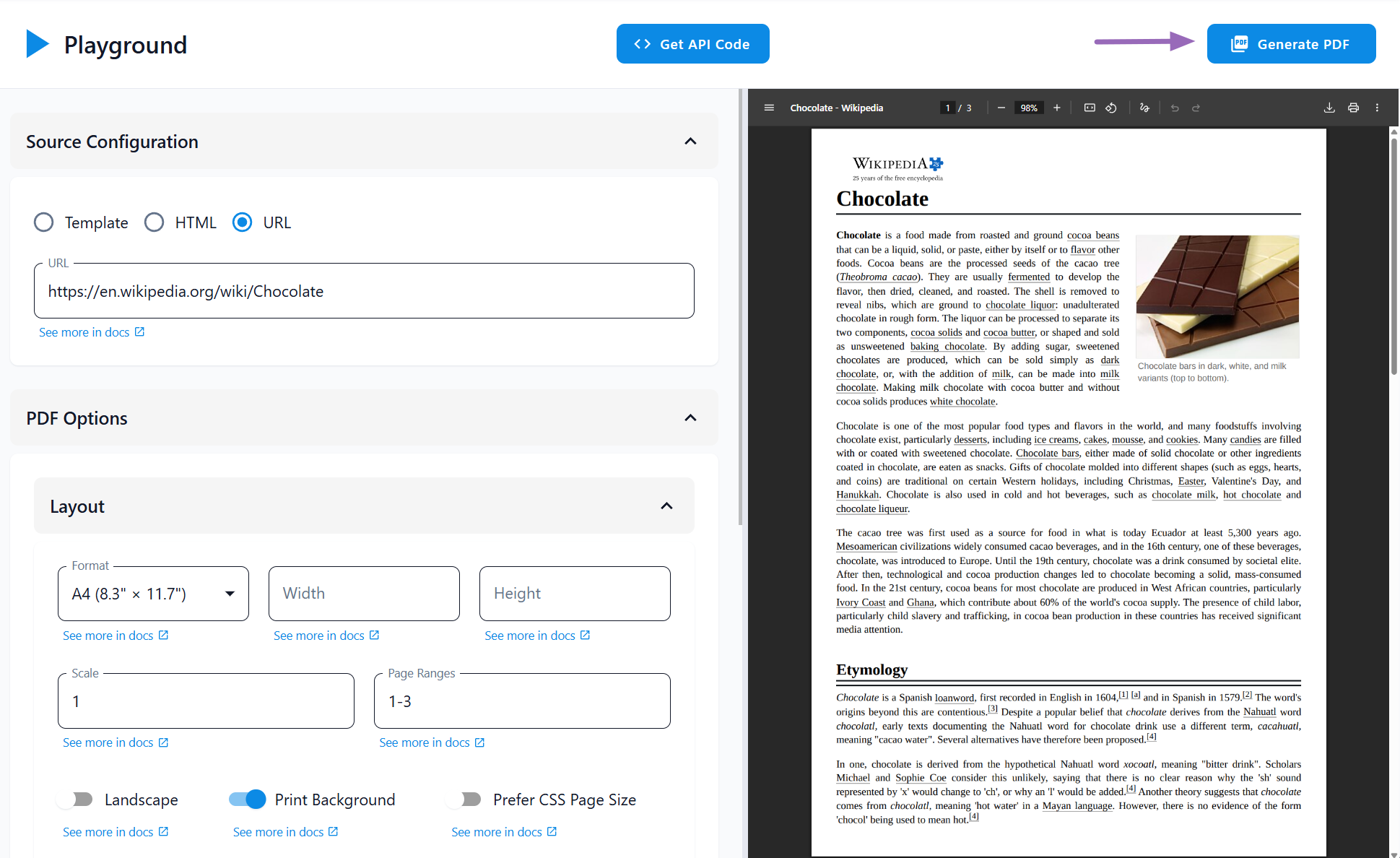 Generate PDF button and preview panel
