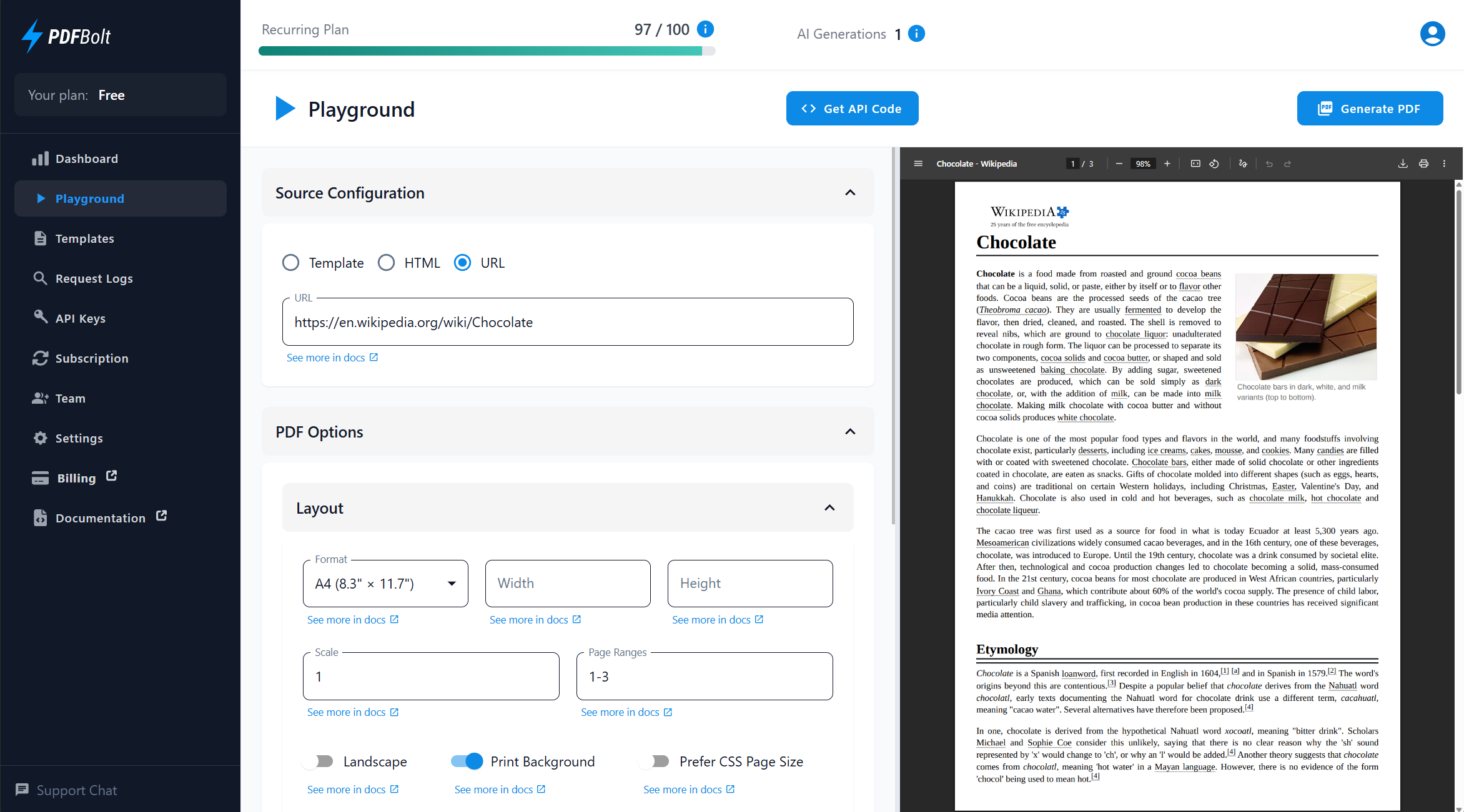 Playground interface with configuration panel and PDF preview