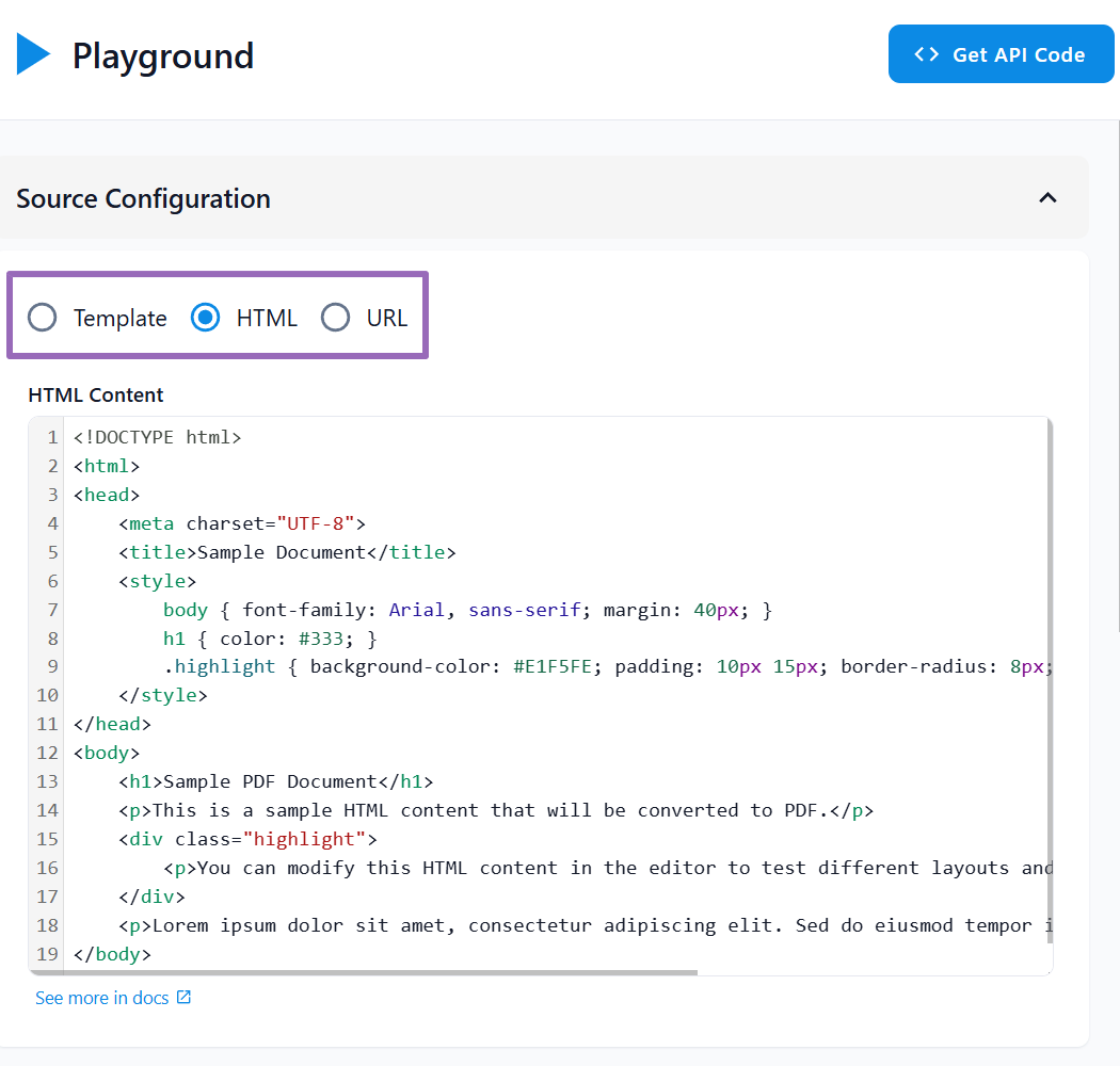Source type selection - Template, HTML, URL