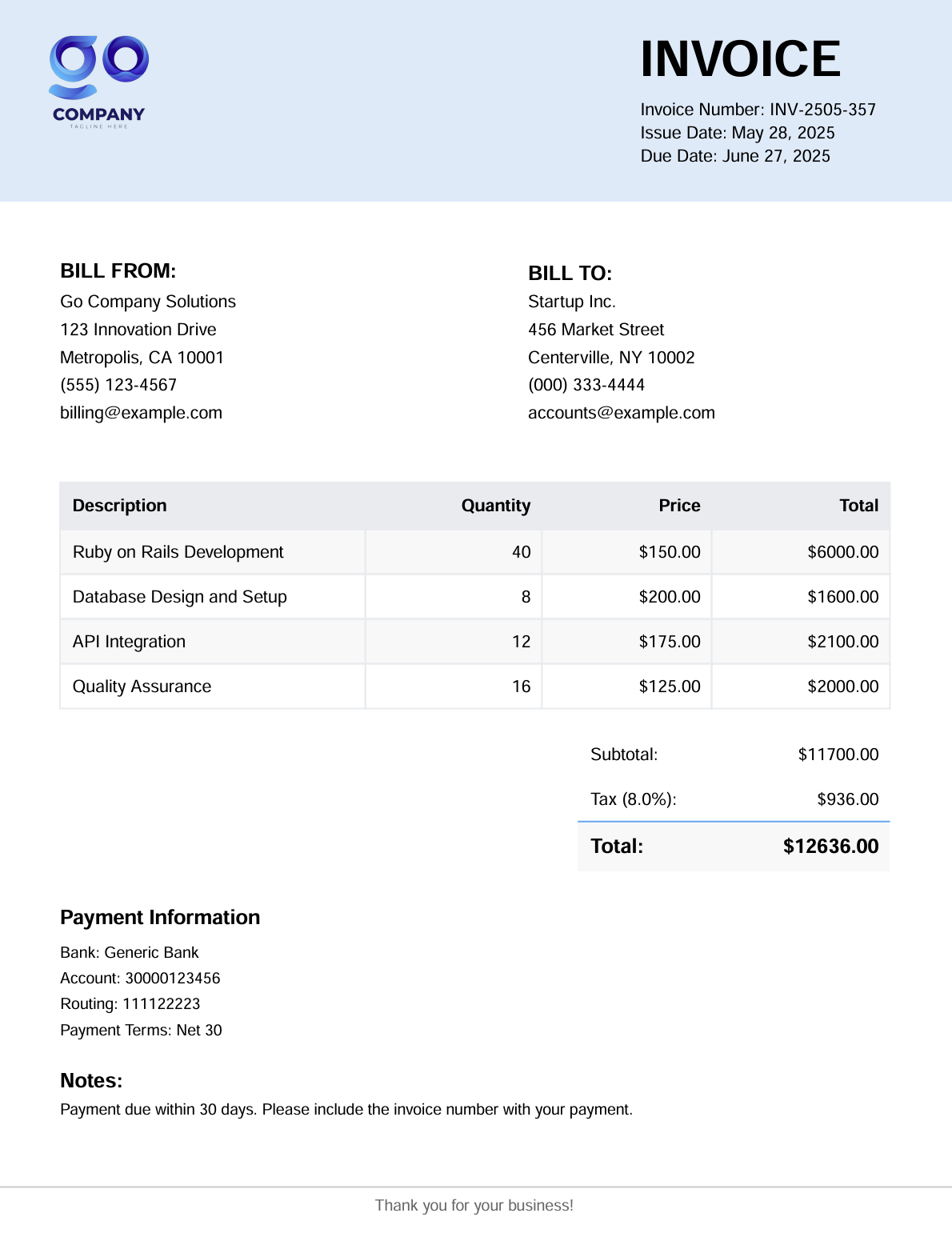 Professional invoice with company branding, client details, and itemized billing table generated with Prawn in Ruby on Rails