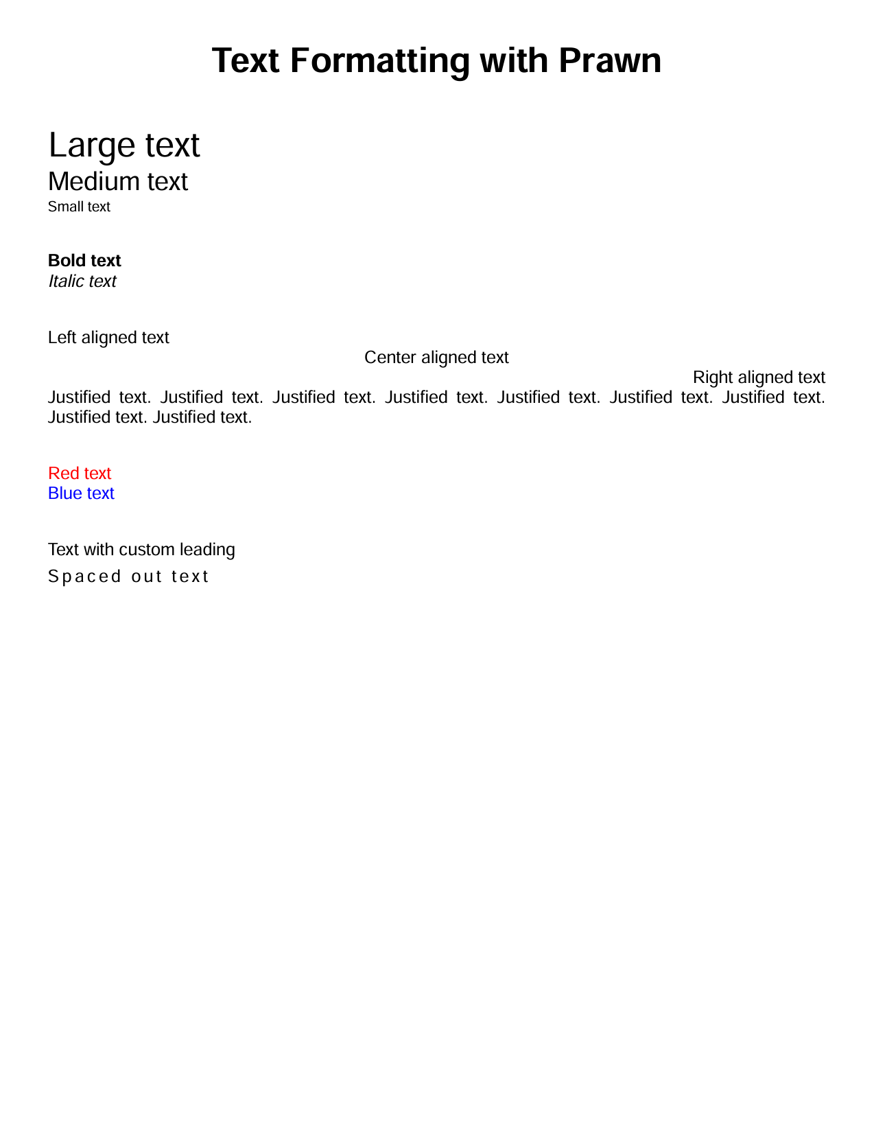  Ruby on Rails - Prawn: PDF document demonstrating text formatting options
