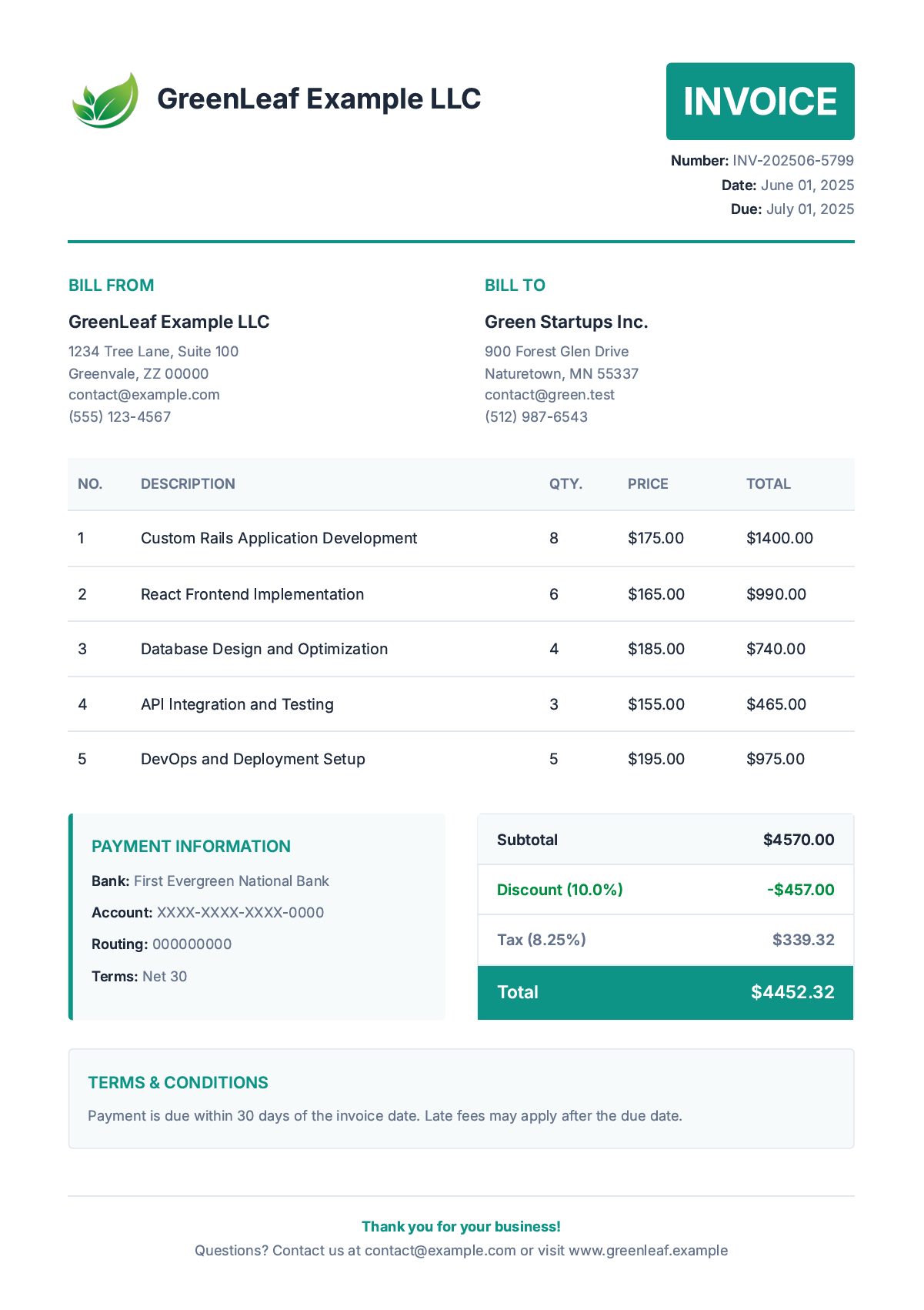 Professional invoice PDF generated with Puppeteer-Ruby in Ruby on Rails