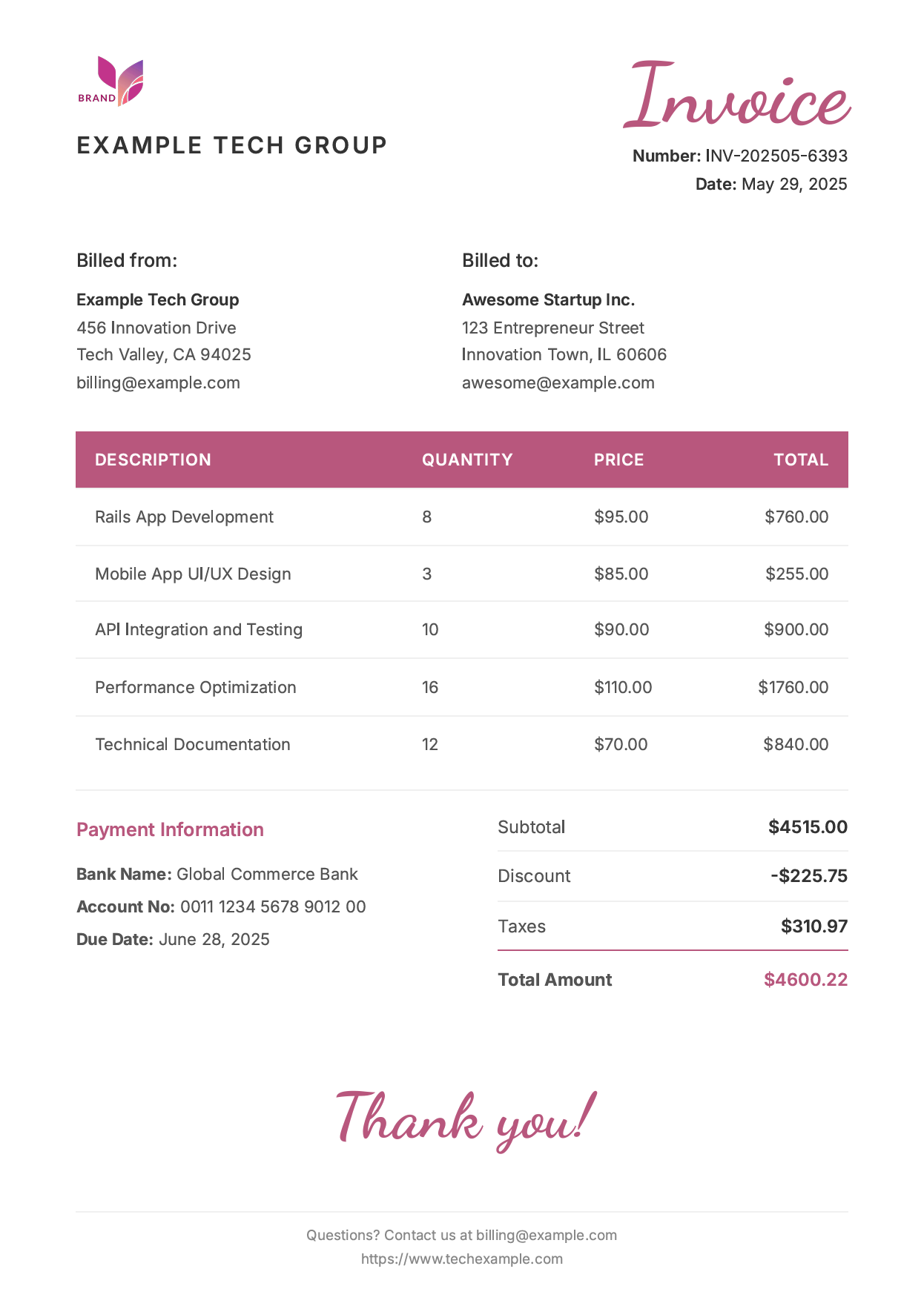 Modern professional PDF invoice generated with Grover in Ruby on Rails