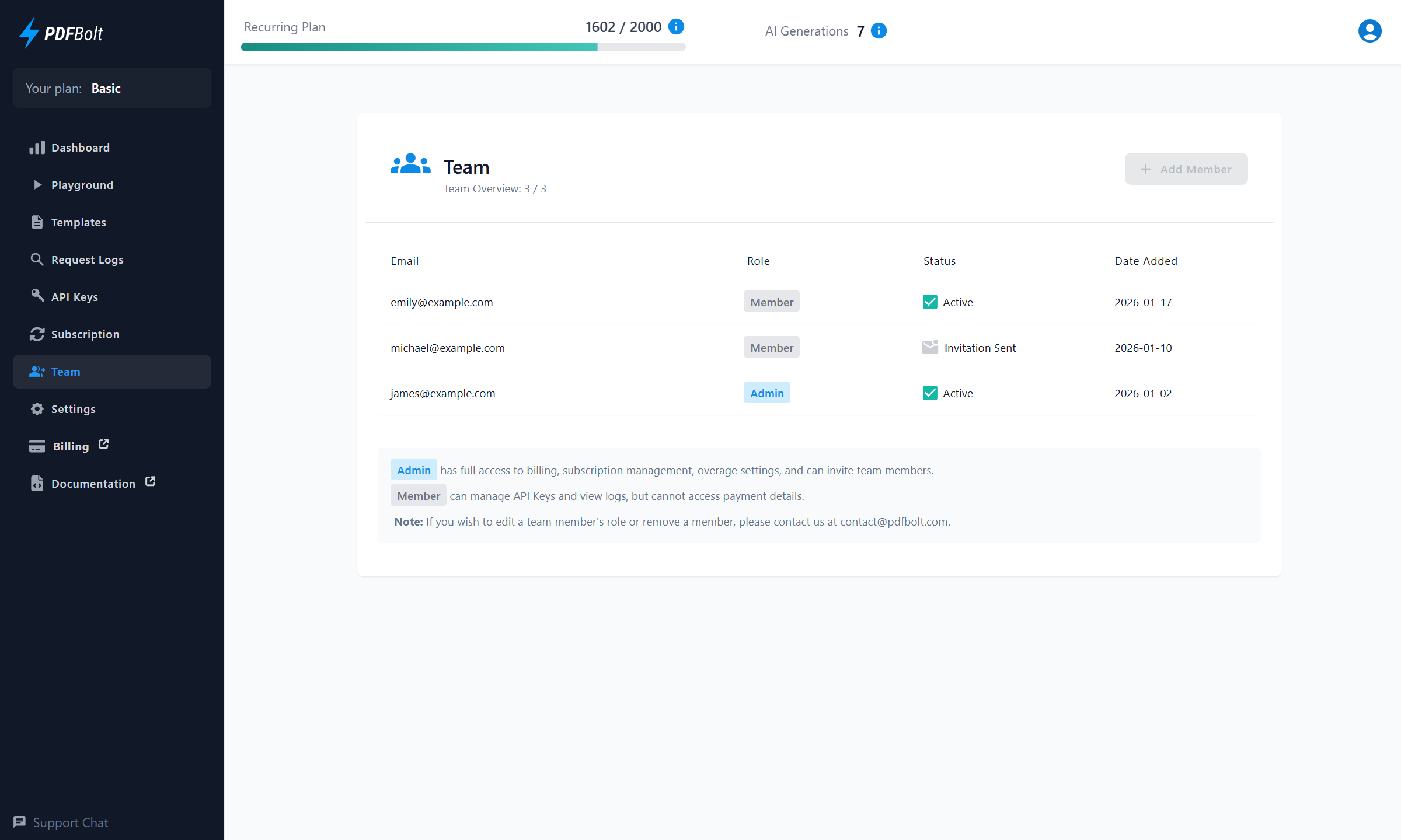 PDFBolt team management dashboard for inviting members and managing collaborative PDF generation access