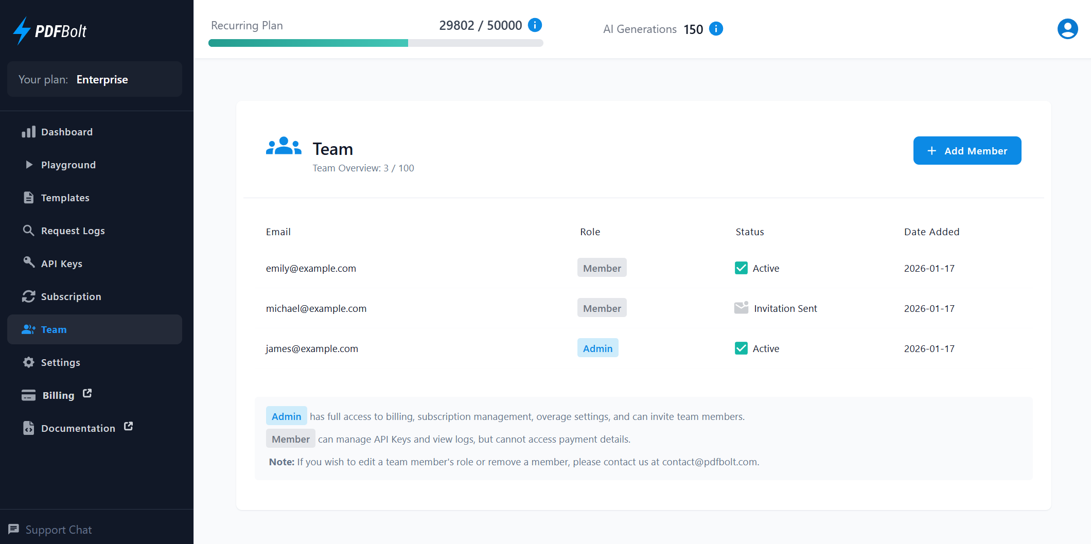 Team tab showing a list of members, their roles, and invitation statuses