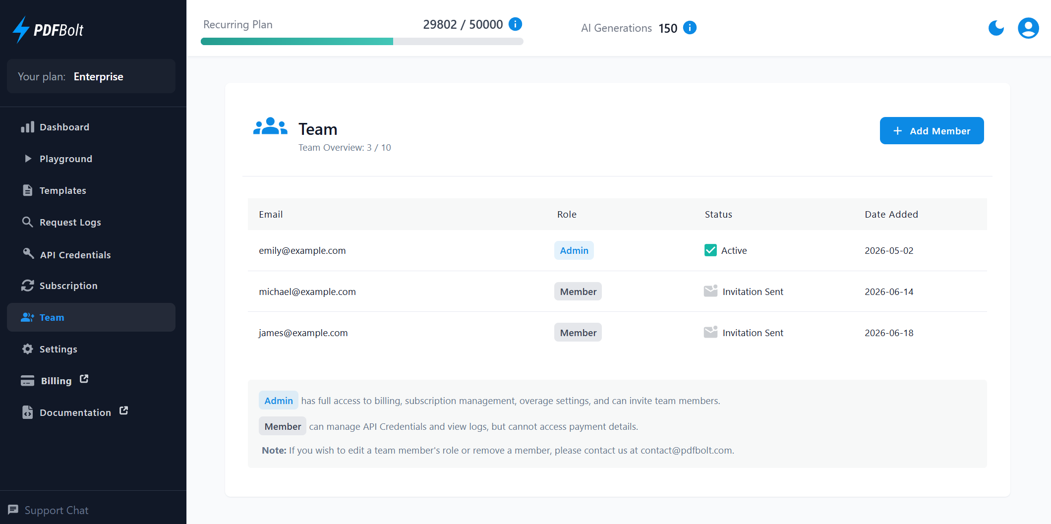 Team page showing members, roles, invitation statuses, and the plan's team member limit