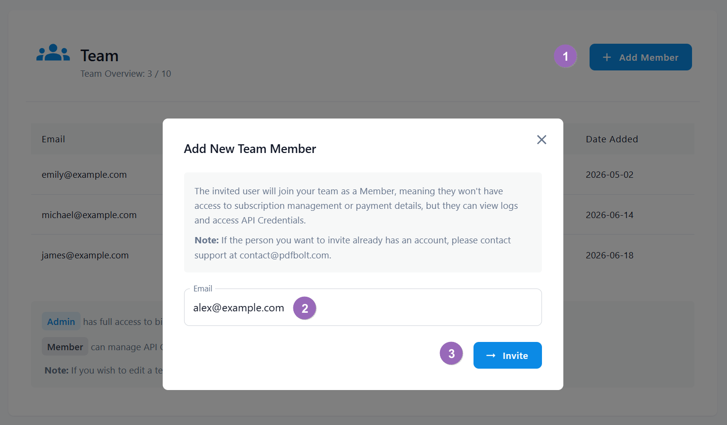 Add New Team Member dialog with an email field and Invite button