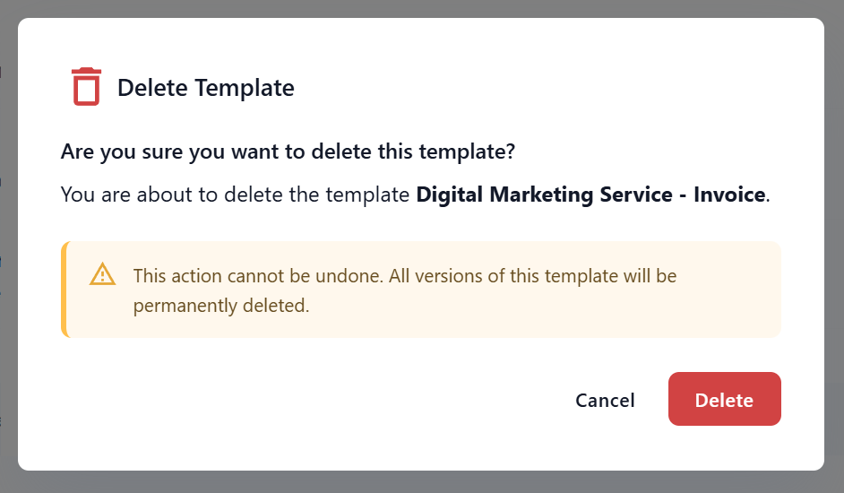 Template Actions - Delete Template Confirmation