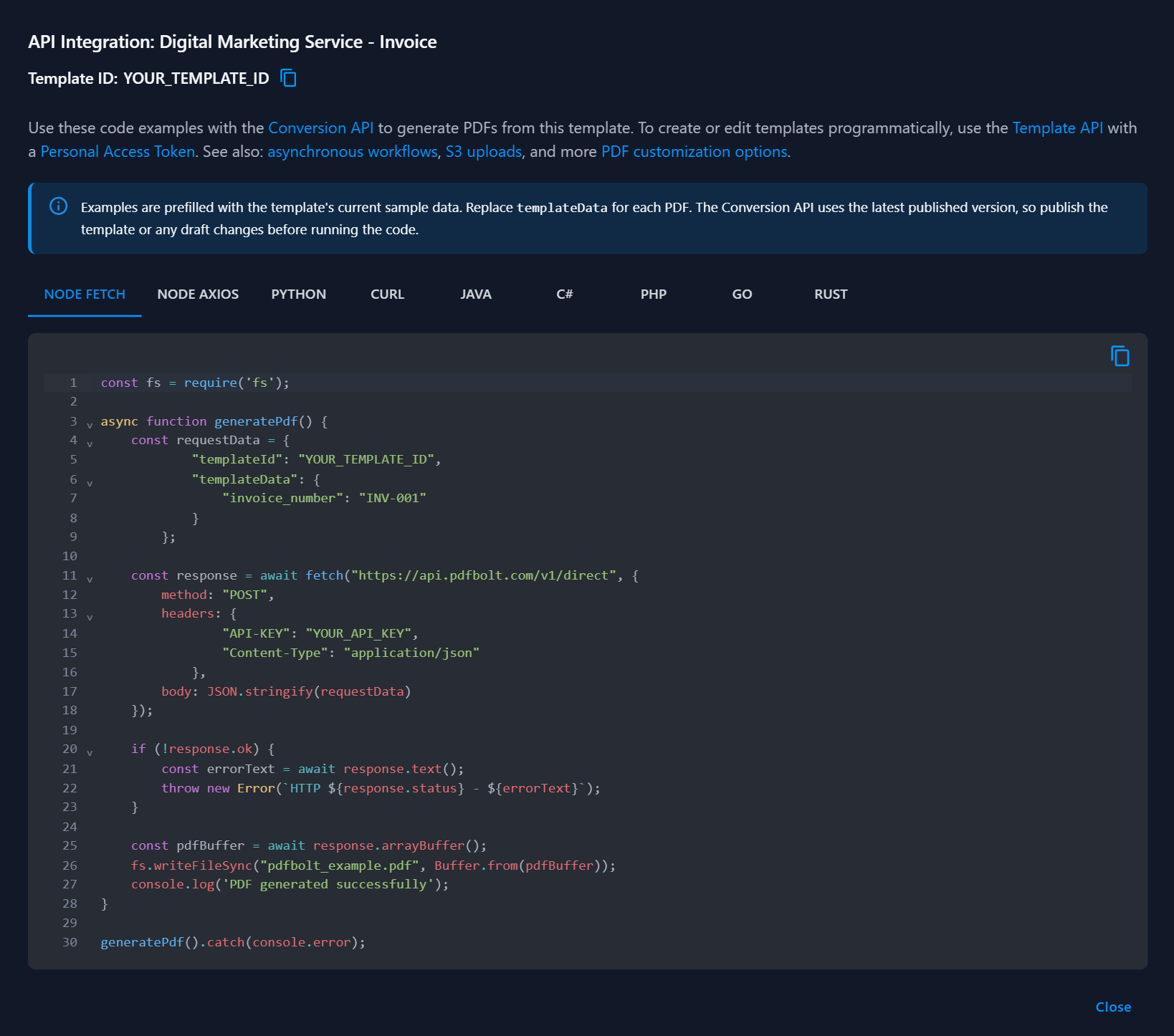 Template Designer - API Code Integration Examples