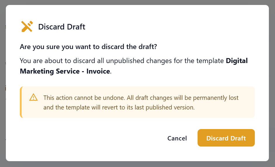Template Actions - Discard Draft Dialog