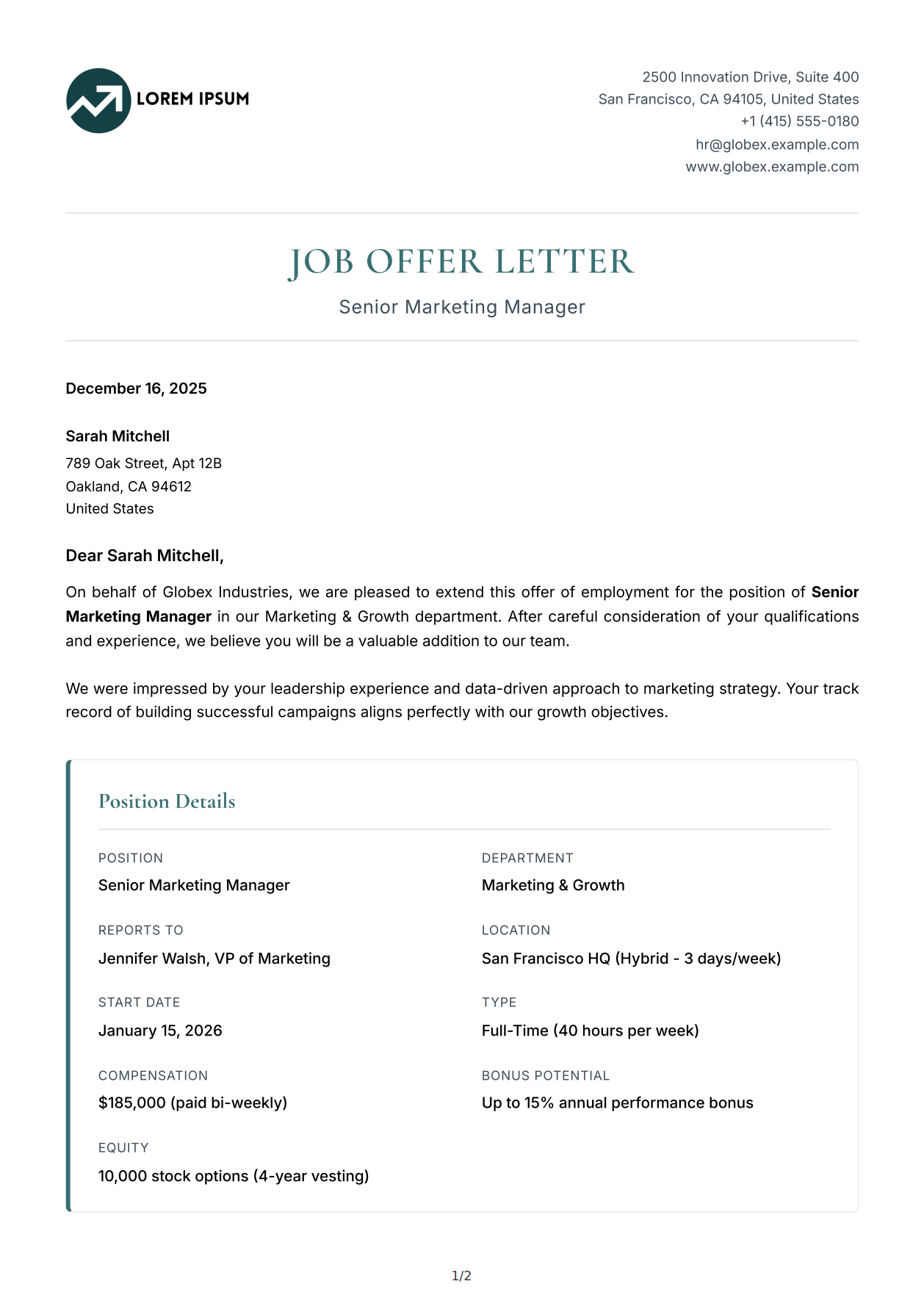 Formal Job Offer Letter - PDFBolt
