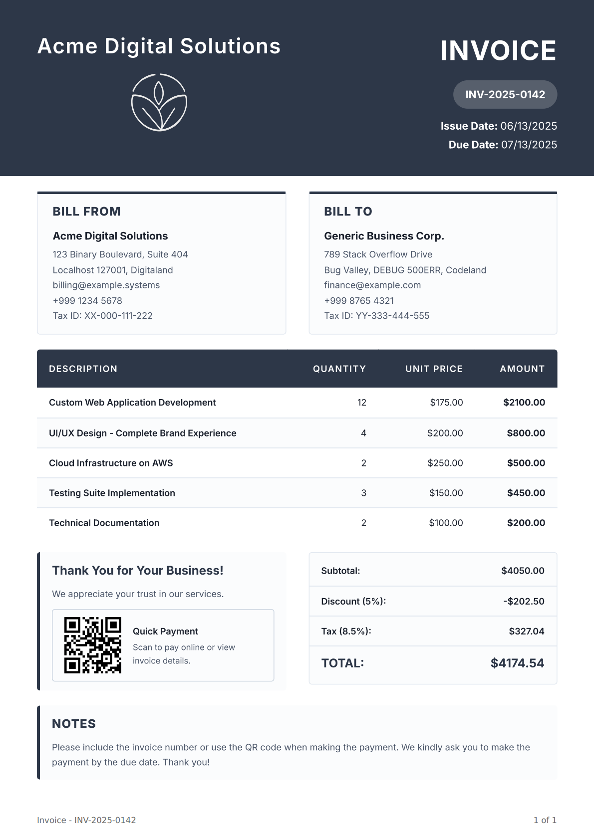 Modern Invoice Template with QR Code - PDFBolt Template Designer