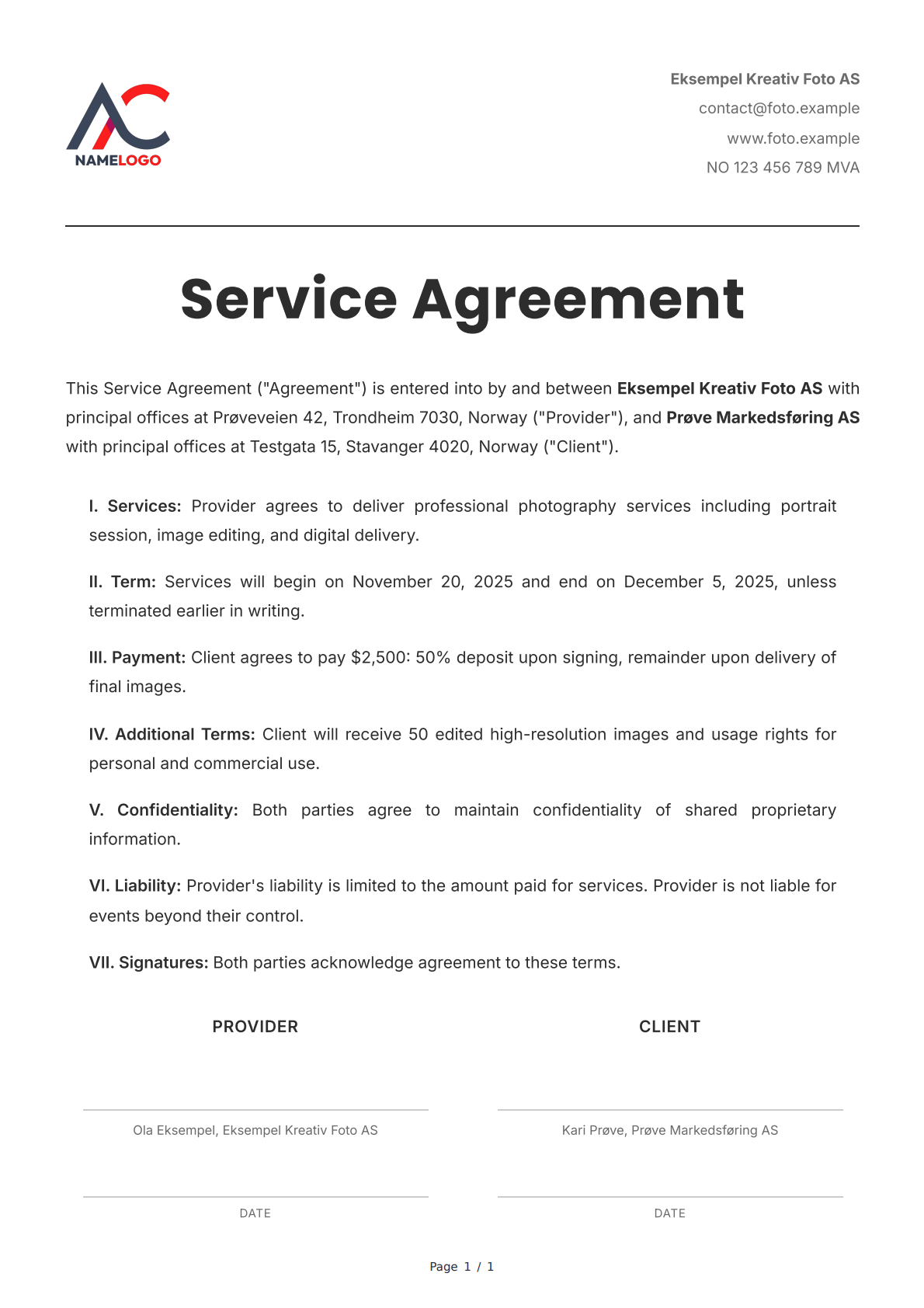 One Page Service Agreement