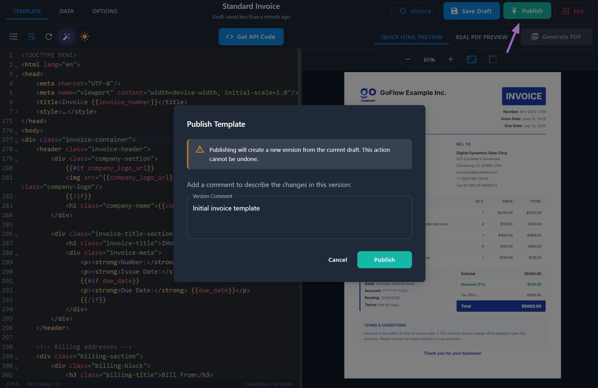 Template Designer - Publish Version Dialog