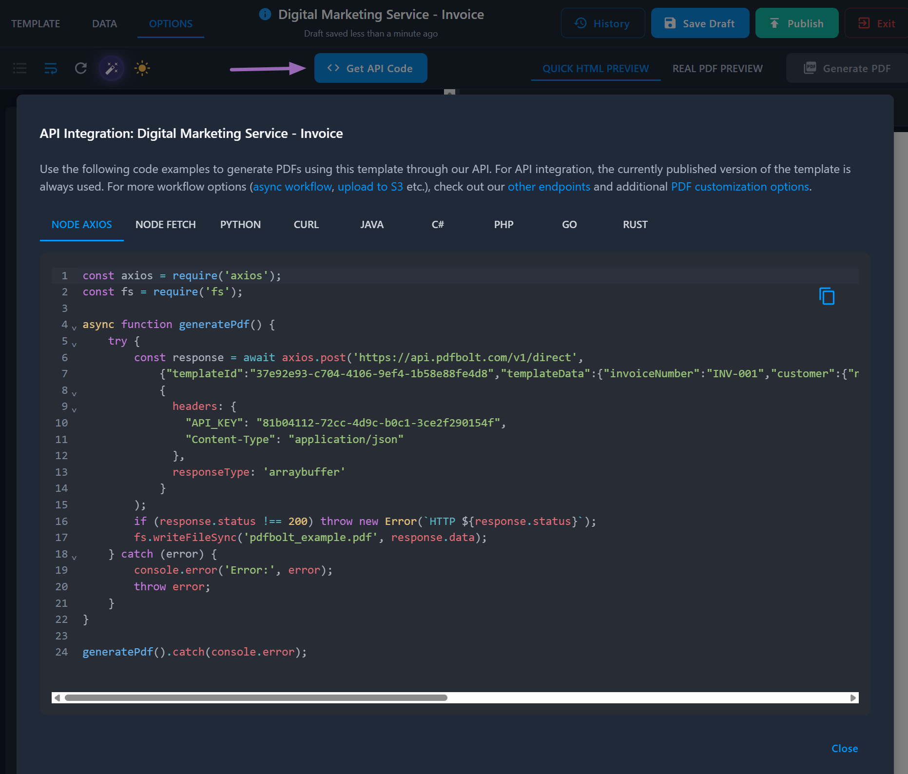 Template Designer - API Code Integration Examples