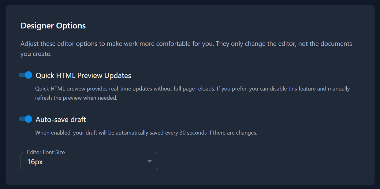 Template Designer - Options Tab - Designer Options