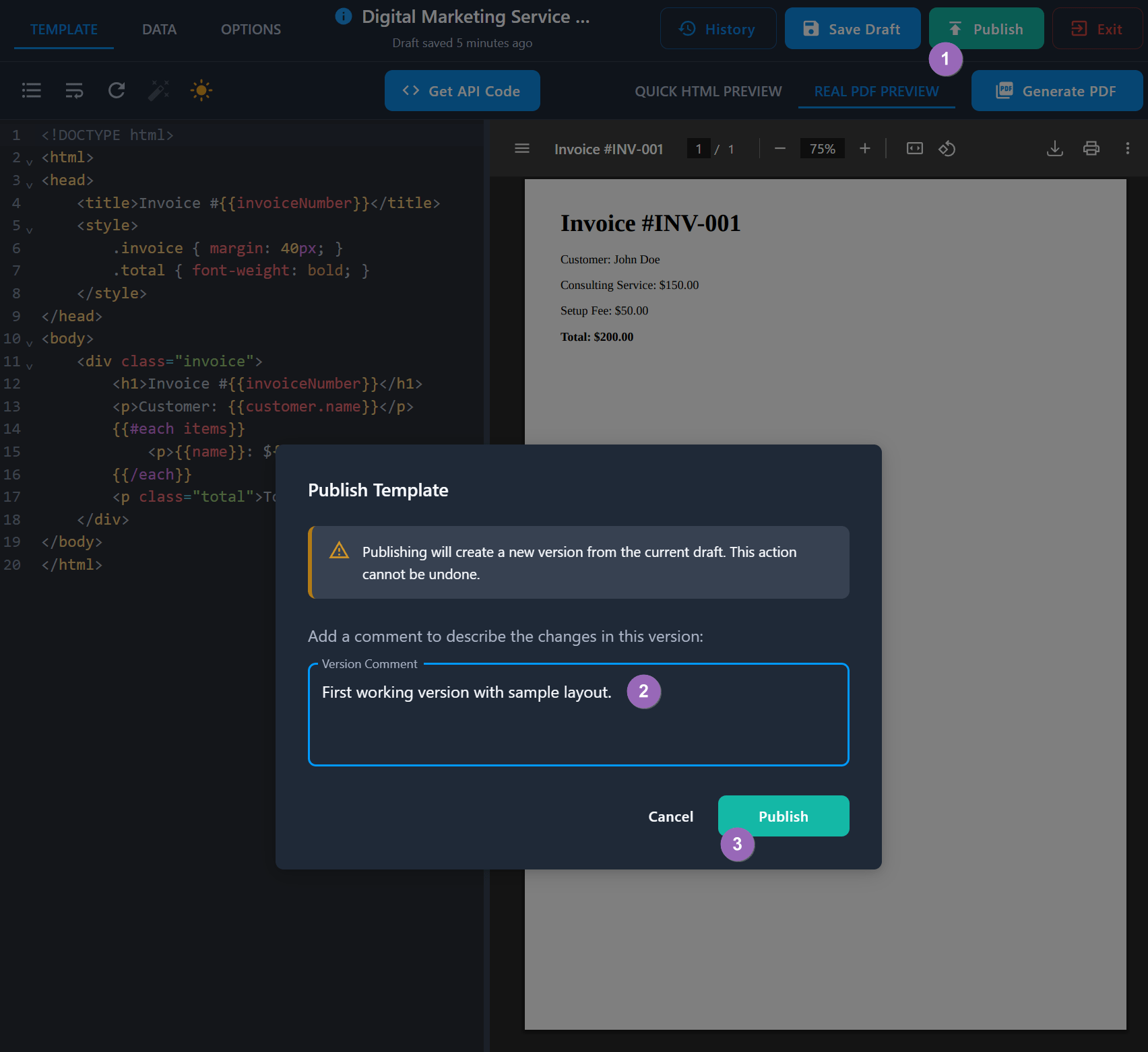 Template Designer - Publish Version Dialog