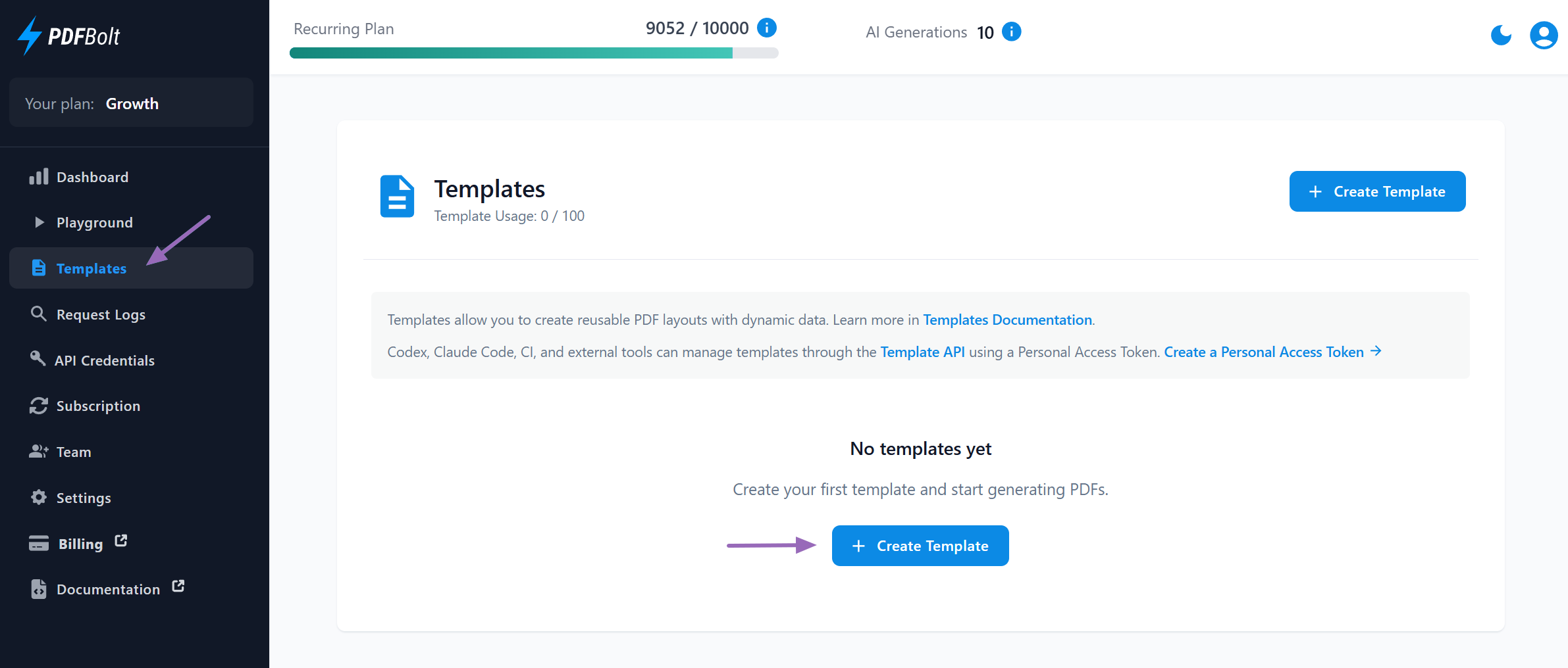 Templates section in Dashboard with Create Template button