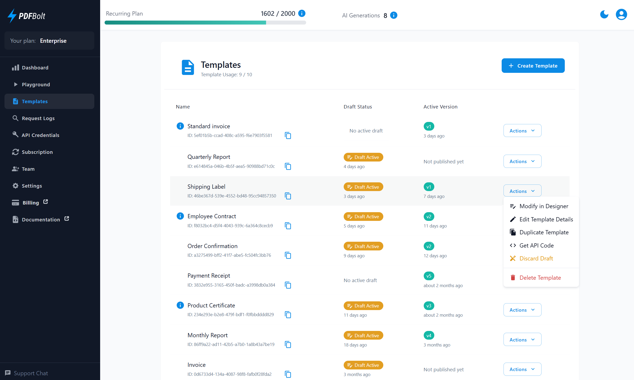 Actions menu on the Templates page