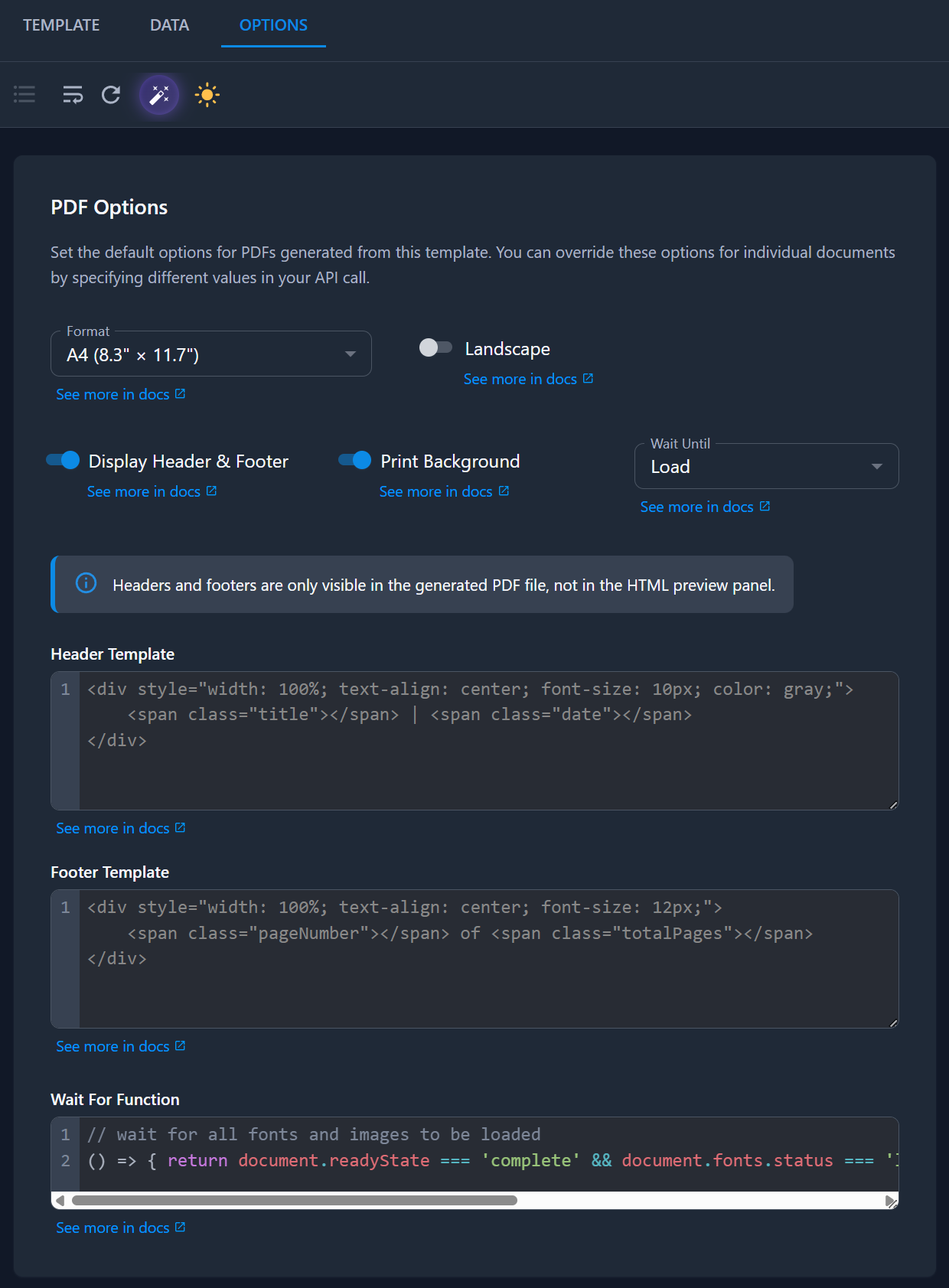Template Designer - Options Tab - PDF Options
