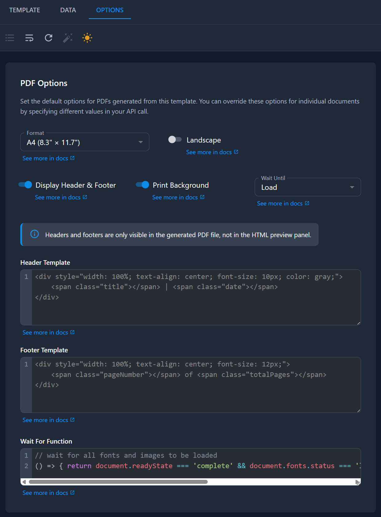 Template Designer - Options Tab - PDF Options