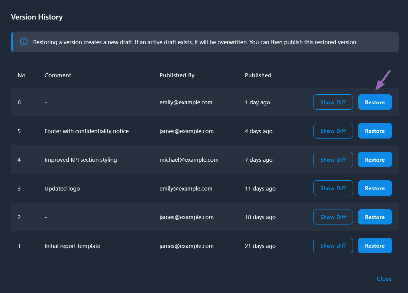 Restore previous version dialog