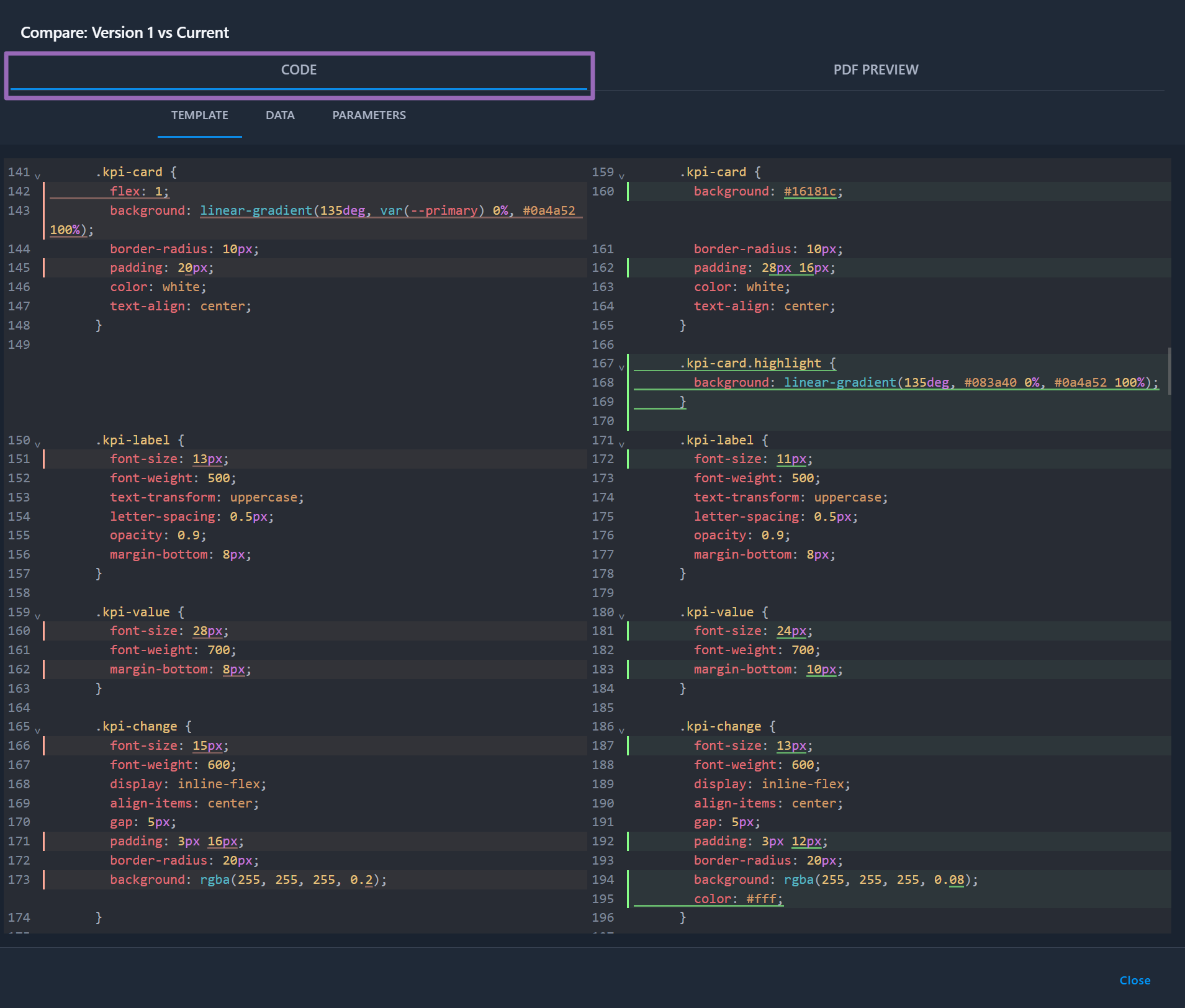 Code comparison view showing template differences side by side