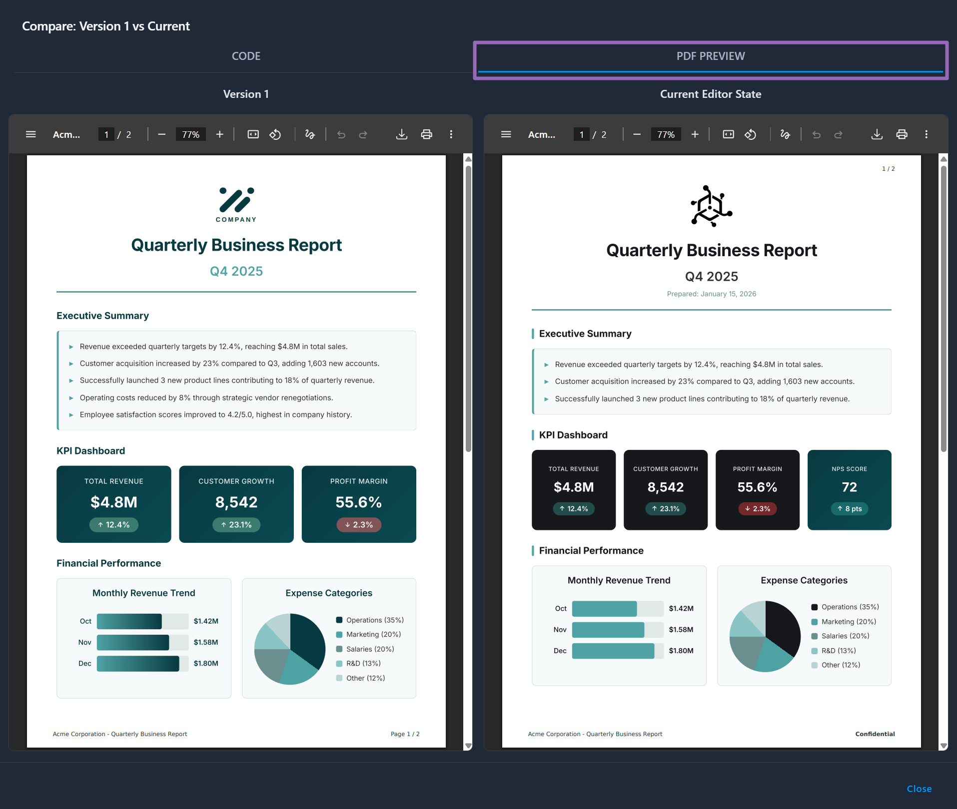 PDF preview comparison showing historical and current PDF side by side