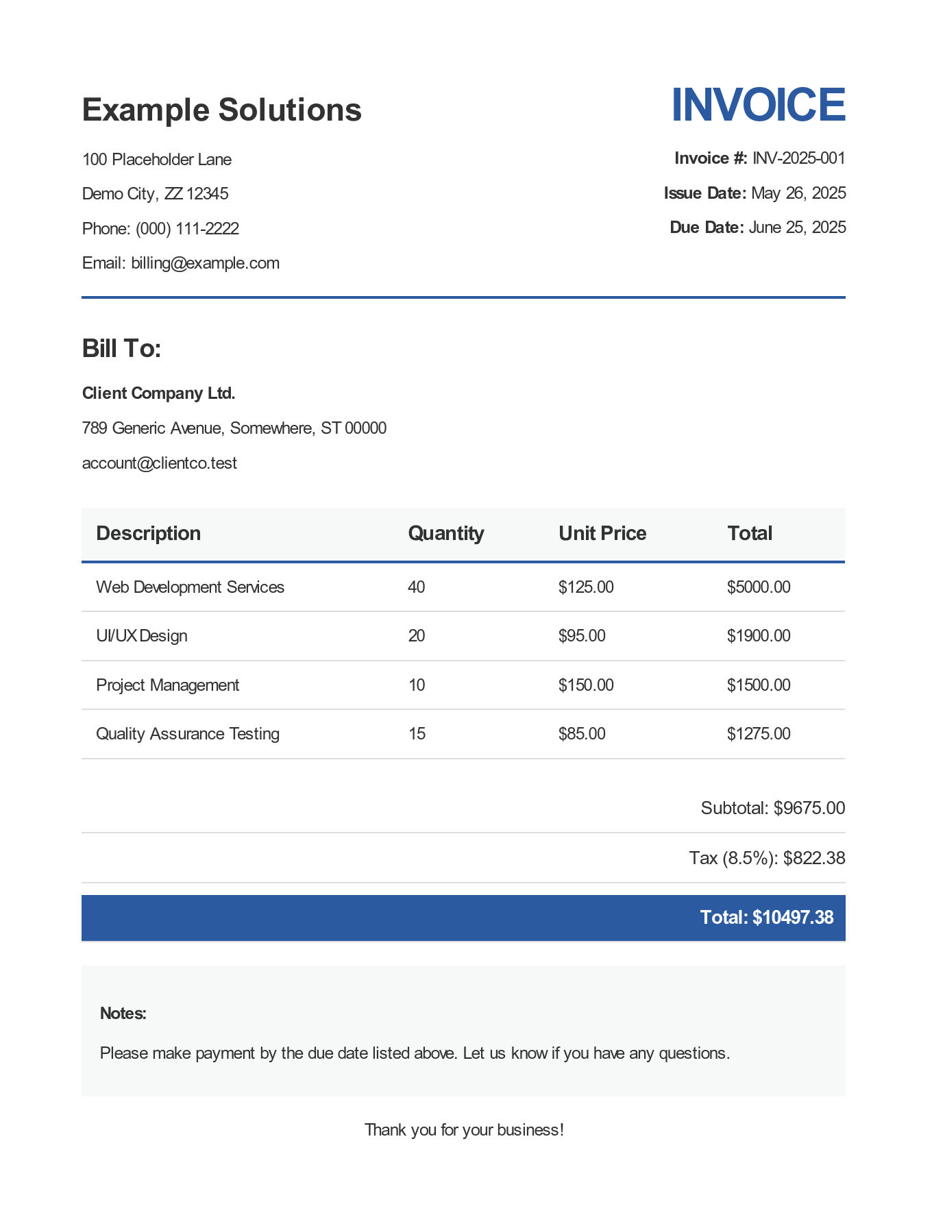 Professional PDF invoice generated with WickedPDF in Ruby on Rails showing itemized billing, tax calculations and business formatting